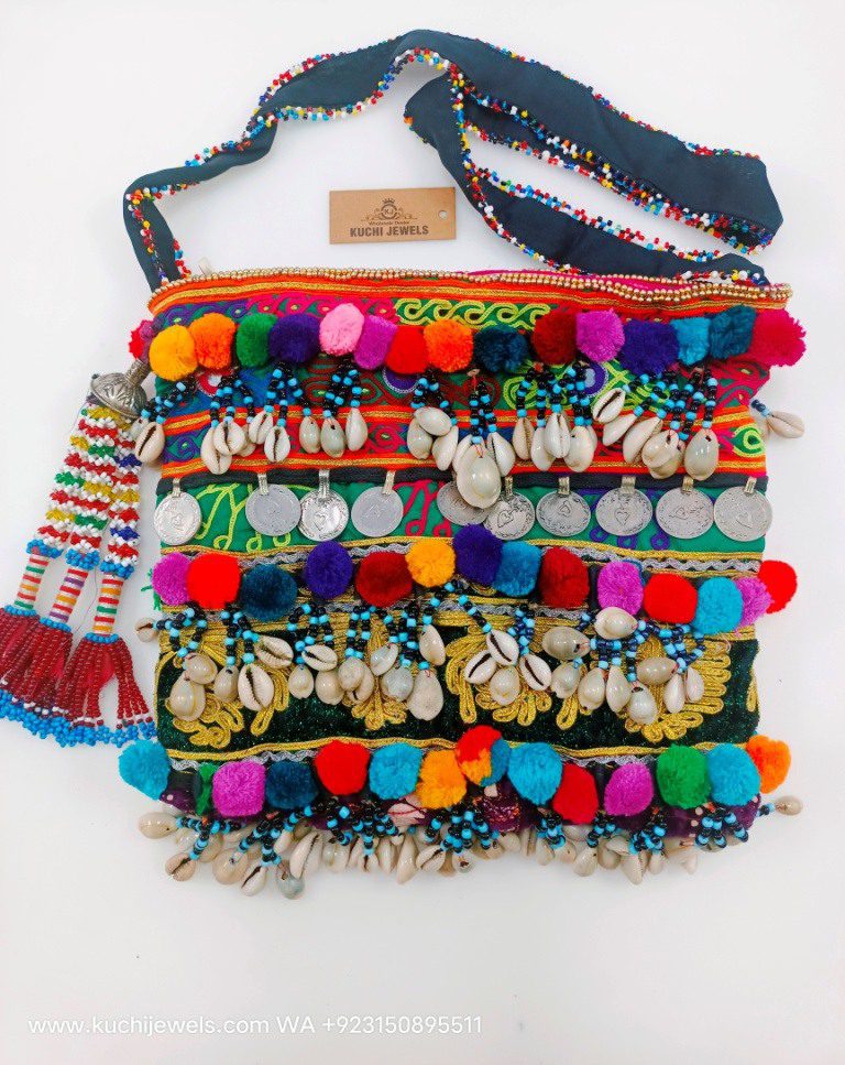 Ladies Pompom and Shell Bag - Wholesale Kuchi Jewels