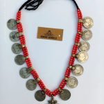 Long Red Beaded and Coins Necklace