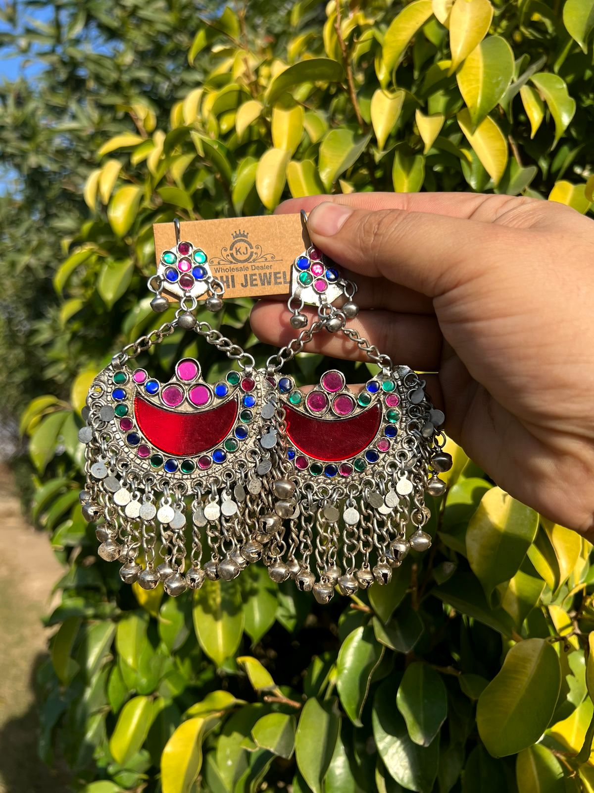 Cultural Ear Rings With Crystal Half Moon And Long Bells