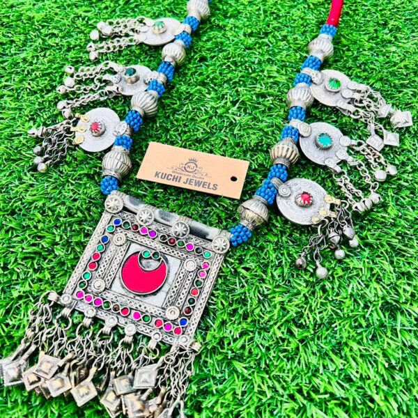 Vintage Square Pendants Afghani Necklace With Bells