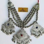 Hand Carving Multi Stone Turkman German Silver Three Pendant Necklace