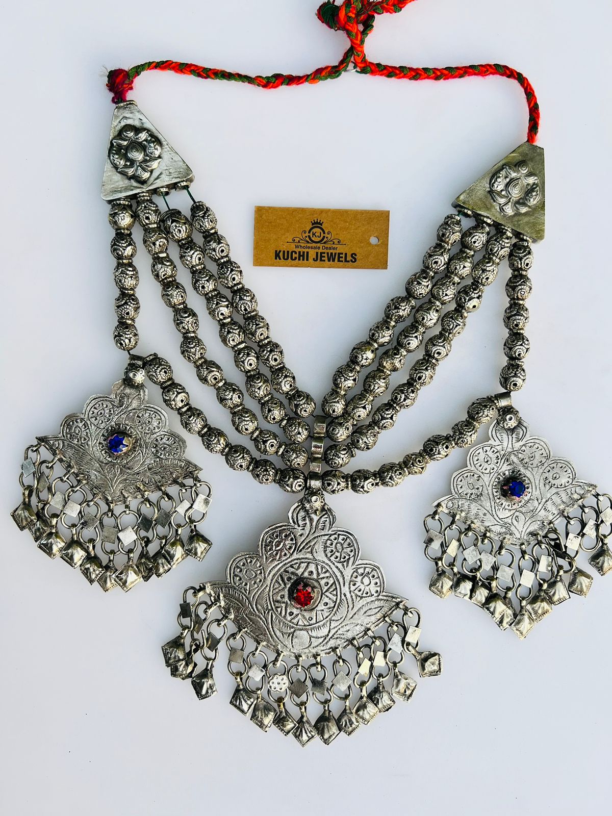 Hand Carving Multi Stone Turkman German Silver Three Pendant Necklace