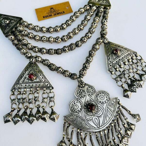 Hand Carving Turkman German Silver Three Pendant Necklace
