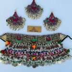 Afghani Choker Set With Golden Leaf Ear Rings And Tikka