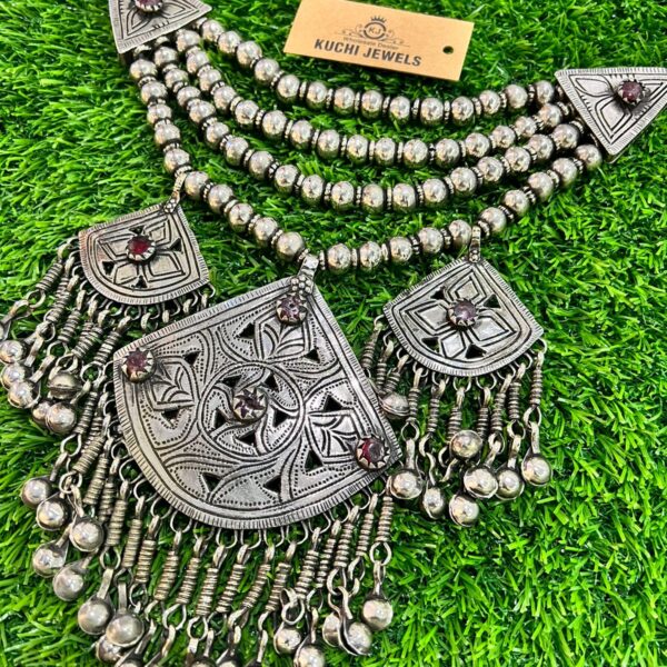Unique Carving Multi Stone Turkman German Silver Three Pendant Necklace