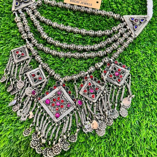 German Silver Turkman Beads With Multi Pendants Antique Necklace