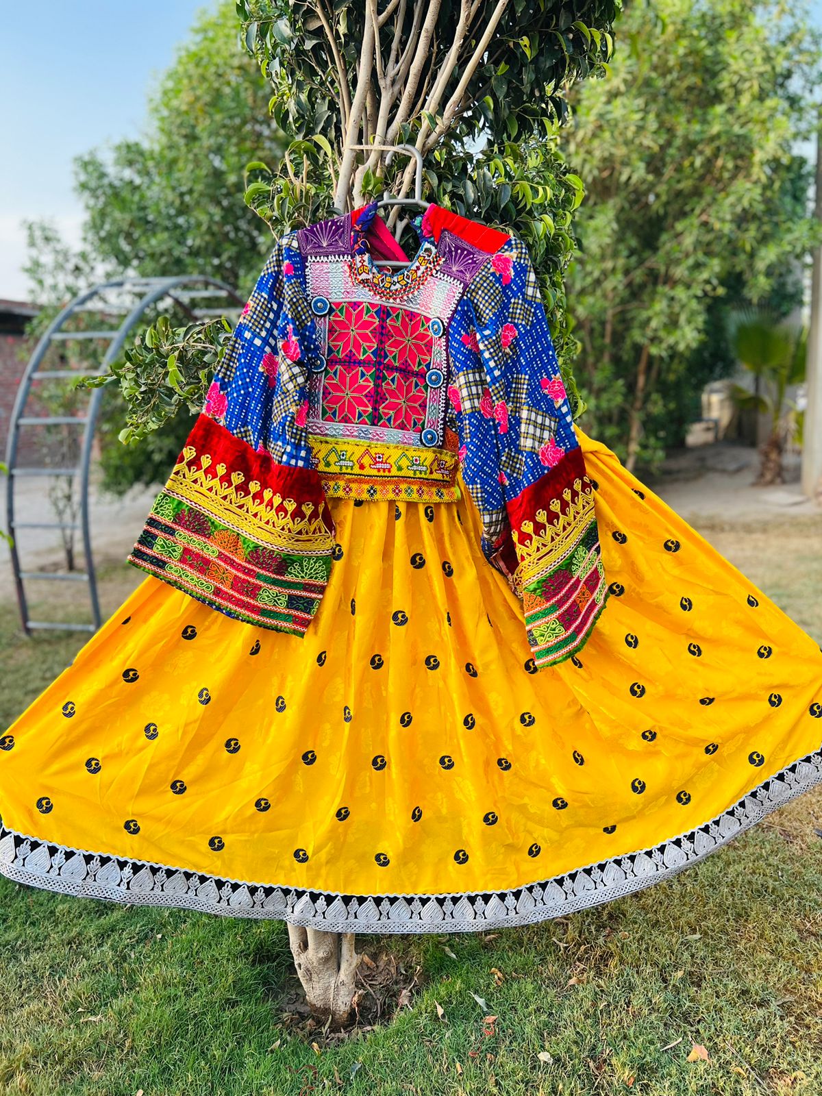 Afghani Ethnic Long Skirt Shirt With Handmade Embroidery Necklines And Sleeves