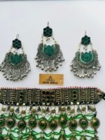 Three Stone Layer Long Necklace With Ear Rings And Tikka