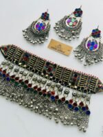 Silver stainless steel Bells Multi Color Afghani Choker Set