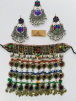 Three Stone Layer Long Necklace With Ear Rings And Tikka