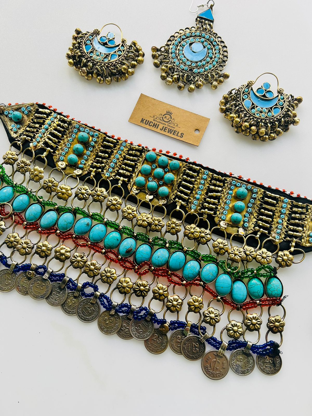 Turquoise Stone And Antique Coins Afghani Choker Set