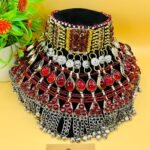 Unique Crystal Red Stone And Long Bells Kuchi Choker
