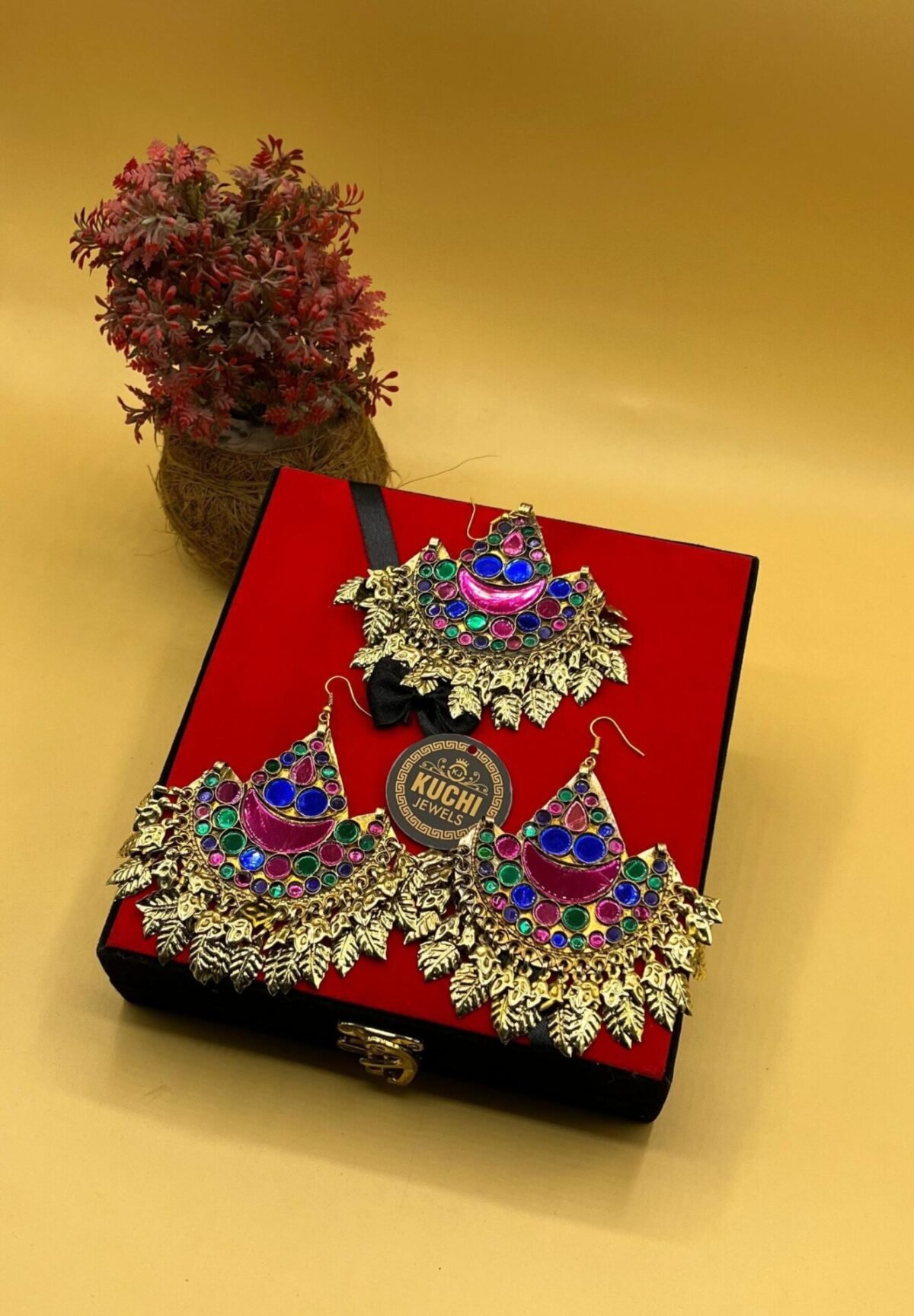 Multi Stone Golden Metal Earrings And Tikka Set - Image 2