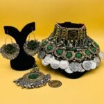 Green Stone And Coins Work Afghani Choker Set