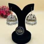 White Beads Golden Large Jhumka Earrings