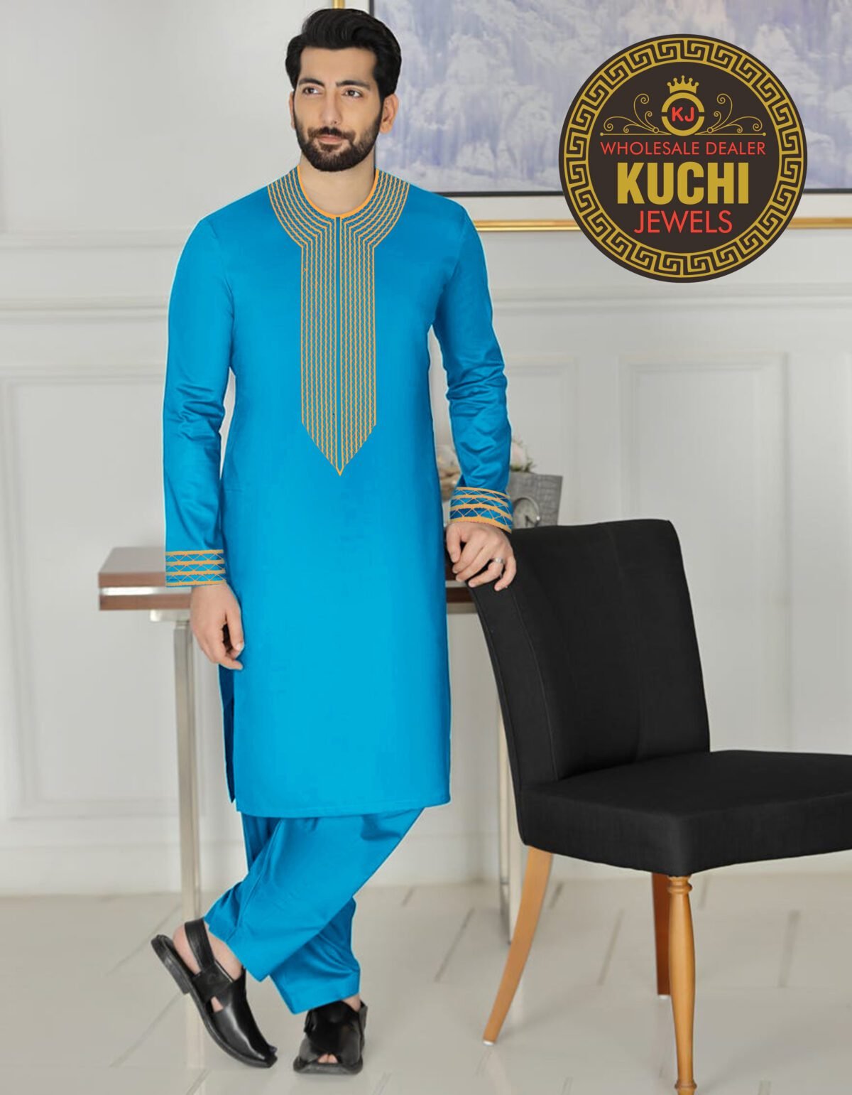 Long Stylish Embroiedry Cotton Satin Pashton Men's Stitched Dress - Image 1