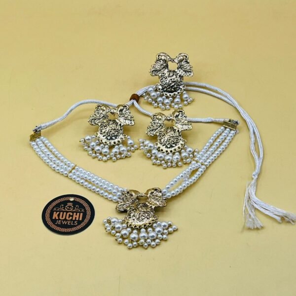Stylish Necklace Set With White Beads And Golden Metal
