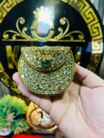 Mini Baby Kundan Metal Bag-Green Stone