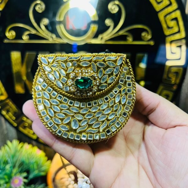 Mini Baby Kundan Metal Bag-Green Stone