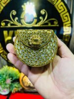 Mini Baby Kundan Metal Bag-Green Stone - Image 5