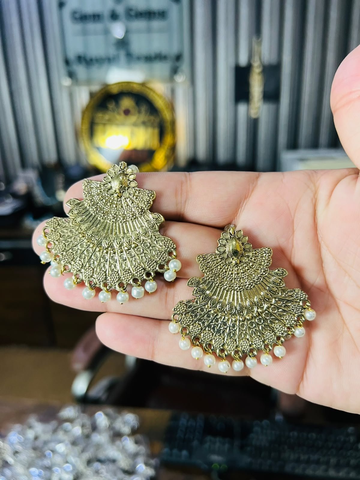 WhatsApp Image 2026-10-20 at 3.05.46 PM Golden Floral Fan Jhumka Earrings - Image 1