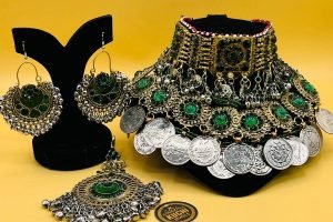 Green Stone And Coins Work Afghani Choker Set (2)